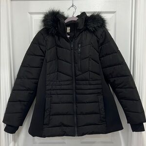 Women's Black Puffer Jacket with Faux Fur Hood